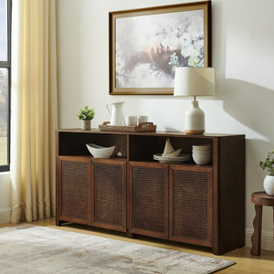 English Elm 63" Mid Century Modern Rattan Sideboard Buffet Cabinet with Adjustable Shelves, Durable Craftsmanship and Outlet Access for Living Room Storage and TV Console Walnut W1801P371658