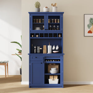 English Elm Topmax Farmhouse Buffet Hutch with Wine Rack Shaker Glass Pantry Cabinet Blue N717P327043C