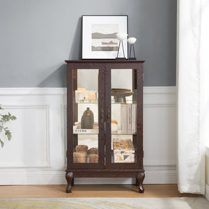 English Elm 2 Doors Curio Cabinet With Mirrored Back, Adjustable Shelves & Lighted Display For Collectibles W2275P178893