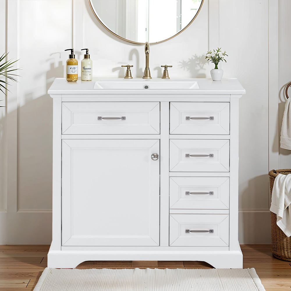 English Elm 36" Modern White Bathroom Vanity with Ceramic Undermount Sink, Heavy-Duty Storage & Soft-Close Drawers W2896P318472