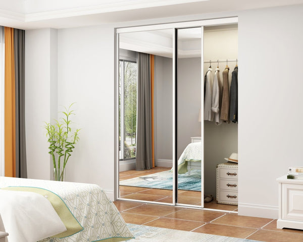English Elm 48 Inch Mirrored Sliding Closet Door White Steel Frame Safety Glass Bedroom Kit B2763P483223