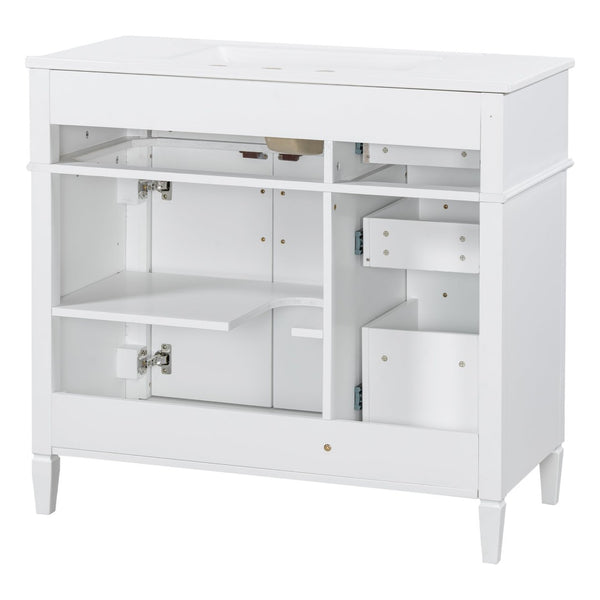 English Elm 36 Inch Freestanding Bathroom Vanity Sage Pine Cabinet Gold Hardware Ceramic Sink White N725P366466K