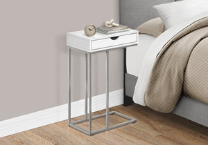 English Elm Accent C-shaped End Table with Sliding Base and Storage Drawer — Contemporary Metal Frame Design White 23 L x 17 W x 3 H B2710P219423