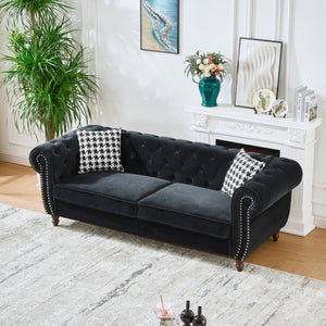 English Elm 3+3 Seater Chesterfield Sofa In Luxurious Black Velvet – Classic Charm For Living Room & Office Spaces W3373S00015
