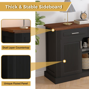 English Elm 63" Fluted Mdf Sideboard with Wood Tone Top Four Doors Three Drawers Dining Storage Black W2917S00010