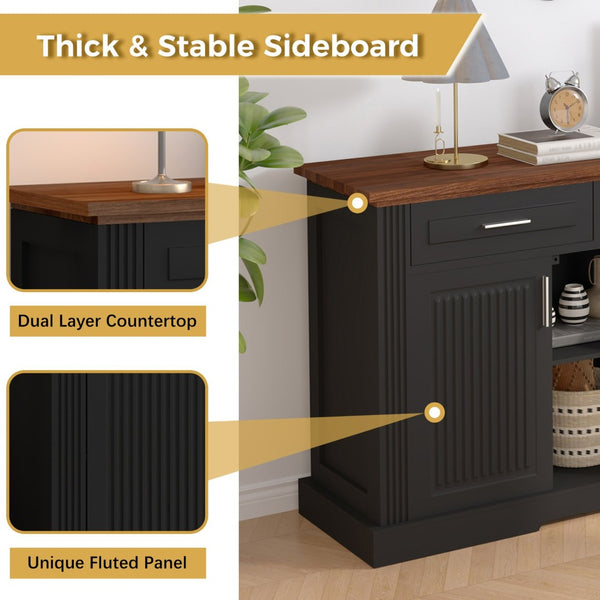 English Elm 63" Fluted Mdf Sideboard with Wood Tone Top Four Doors Three Drawers Dining Storage Black W2917S00010