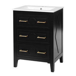 English Elm 24'' Bathroom Vanity with Ceramic Sink and 3 Drawers Retro Solid Wood Frame Freestanding Storage Black N710P371184B