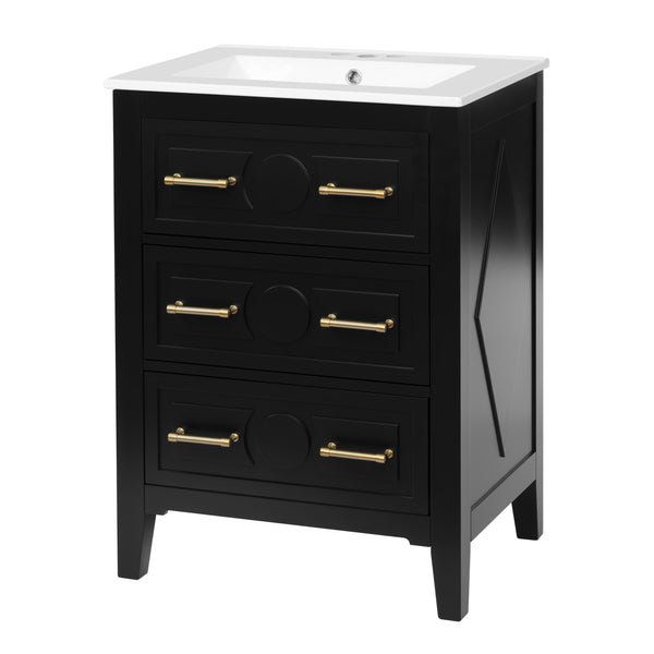 English Elm 24'' Bathroom Vanity with Ceramic Sink and 3 Drawers Retro Solid Wood Frame Freestanding Storage Black N710P371184B