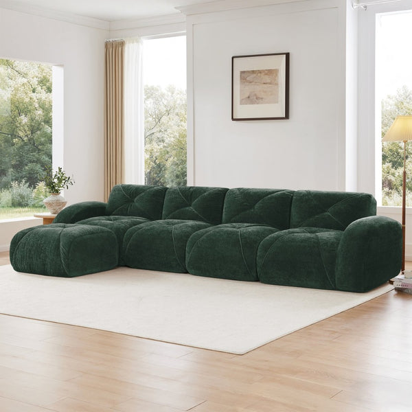 English Elm L-shaped Modular Velvet Sectional Tufted Cloud Sofa with Ottoman for Living Room Green W714S01616
