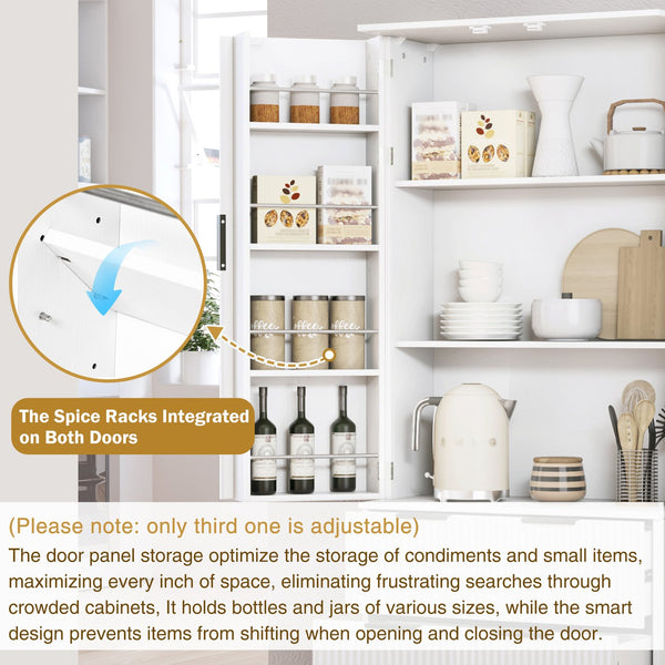 English Elm 72" Modern Fluted Pantry Cabinet with 2 Large Silent Drawers, 8-Door Spice Rack & Adjustable Shelf Organizer White W2917P294993