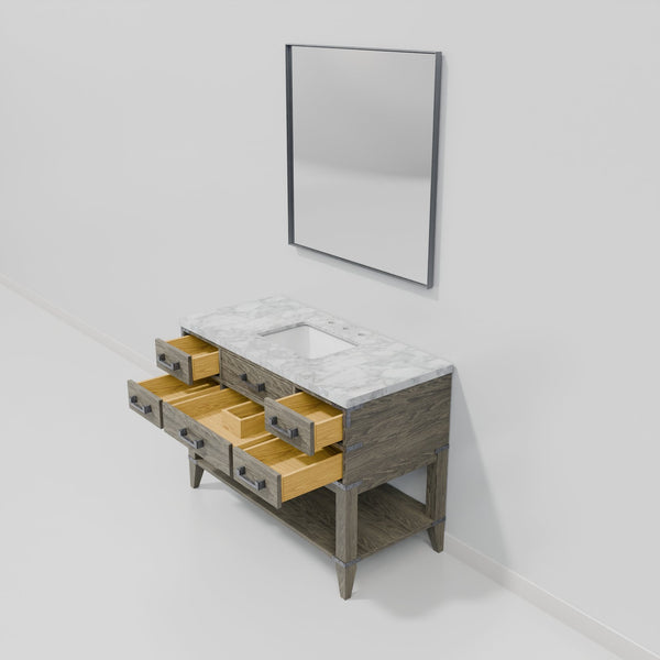 English Elm Grey Oak Single Bath Vanity 48 in W x 22 in D with Polished Carrara Marble Top, Soft-Close Drawers & 46 in Mirror B2731S01528