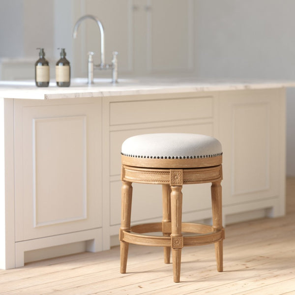 English Elm 26in. Faux Leather Swivel Barstool Nailhead Trim Carved Wood Counter Height Kitchen Oak B2751P436442