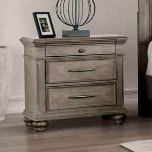 English Elm Aged Oak Veneer Three Drawer Nightstand with Bun Feet for Transitional Bedrooms B2741P433394