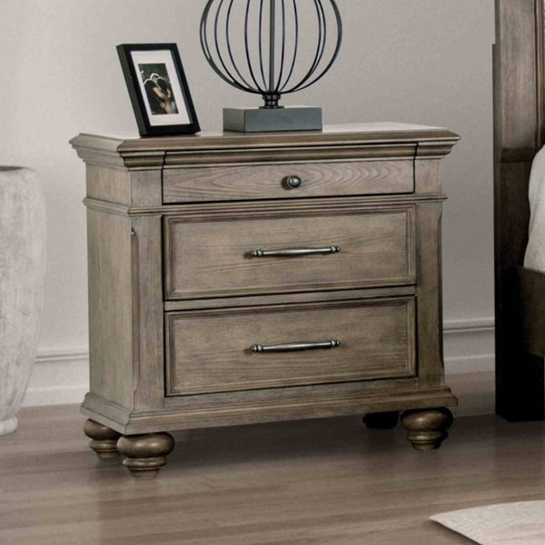 English Elm Aged Oak Veneer Three Drawer Nightstand with Bun Feet for Transitional Bedrooms B2741P433394