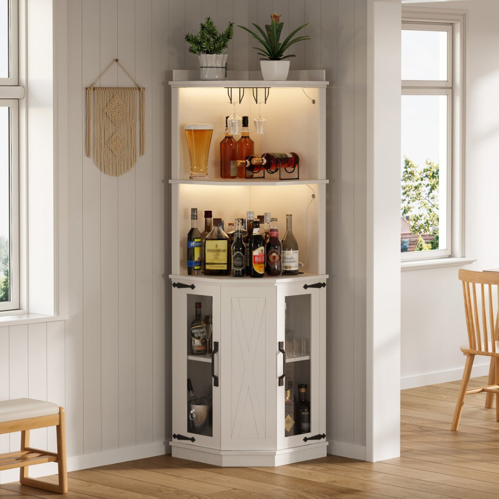 English Elm 67.3" Farmhouse Corner Bar Cabinet Led Lit Wine Storage with Built-in Power Outlets N735P361423K