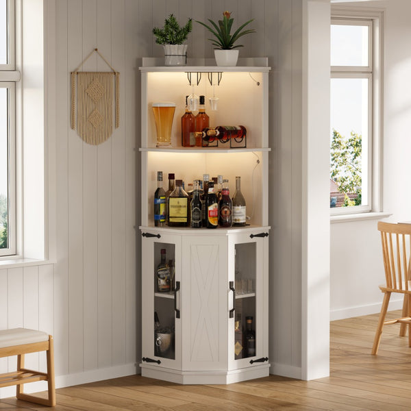 English Elm 67.3" Farmhouse Corner Bar Cabinet Led Lit Wine Storage with Built-in Power Outlets N735P361423K