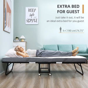 English Elm HOMCOM Foldaway Guest Bed with 4" Foam Mattress, Steel Frame on Locking Wheels, Space-Saving W2225P200758