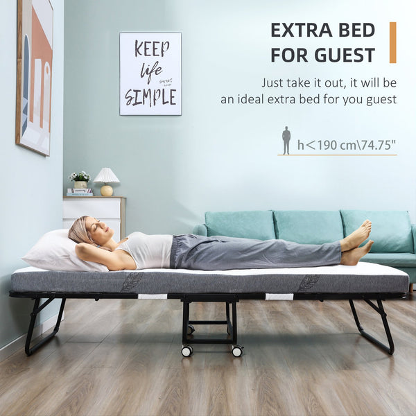 English Elm HOMCOM Foldaway Guest Bed with 4" Foam Mattress, Steel Frame on Locking Wheels, Space-Saving W2225P200758