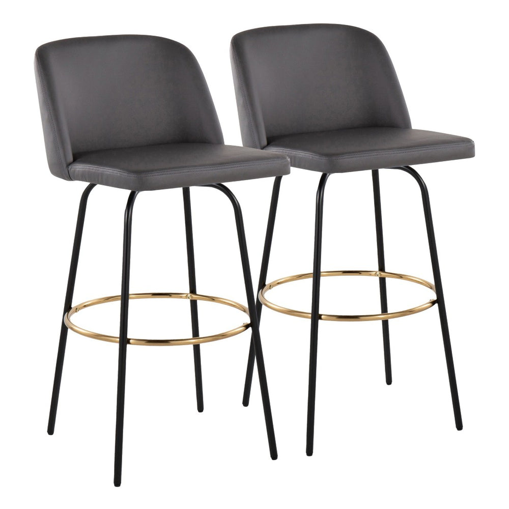 English Elm Toriano 30" Contemporary Barstool Set Of 2 In Grey Faux Leather With Gold Footrest & Swivel Comfort B202S00691-GIGA