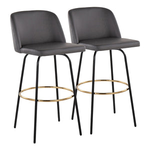 English Elm Toriano 30" Contemporary Barstool Set Of 2 In Grey Faux Leather With Gold Footrest & Swivel Comfort B202S00691-GIGA