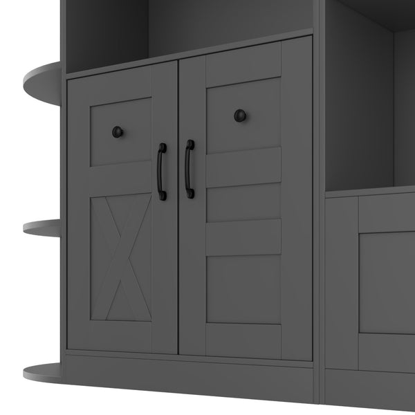 English Elm Multifunctional Modular Hall Tree Cabinet with Open Shelves and Hooks for Entryway Black W1580S00566