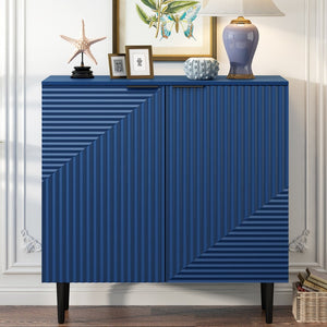 English Elm Mirod Lacquered Side Cabinet Geometric Door Panels Metal Legs Adjustable Interior Shelves Navy Blue N760P221050M