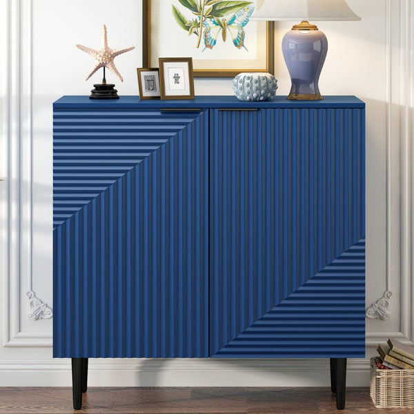 English Elm Mirod Lacquered Side Cabinet Geometric Door Panels Metal Legs Adjustable Interior Shelves Navy Blue N760P221050M