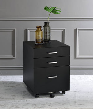 English Elm Tennos Black Chrome Finish Cabinet with 4-Tier Shelves, X-Frame, 3 Drawers & 5 Wheels for Modern Spaces B2726P277143