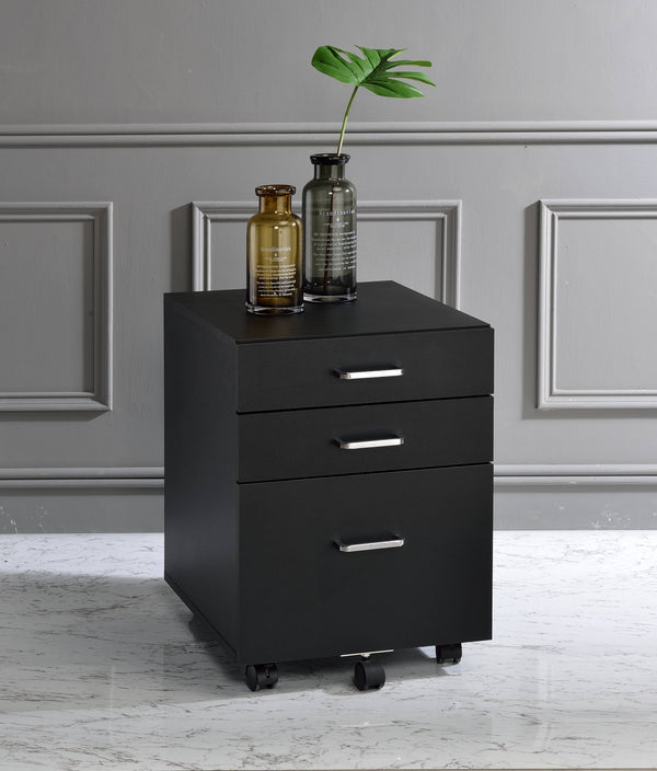 English Elm Tennos Black Chrome Finish Cabinet with 4-Tier Shelves, X-Frame, 3 Drawers & 5 Wheels for Modern Spaces B2726P277143