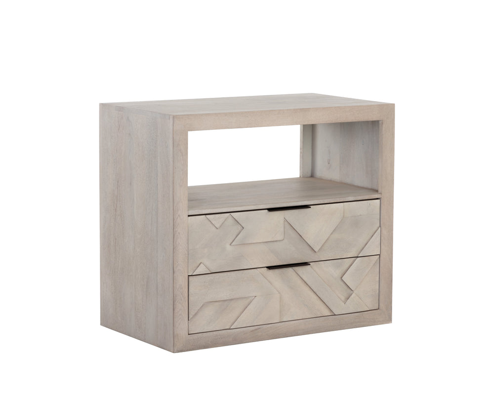 Sunpan Lisboa Nightstand - Unique Handcrafted Light Grey Mango Wood Nightstand with Intricate Drawers & Shelf