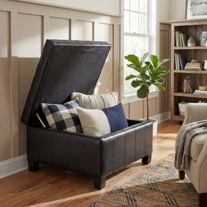 English Elm Black Tufted Pu Lift Top Storage Ottoman with Rubberwood Legs for Living Spaces Black N779P404084B
