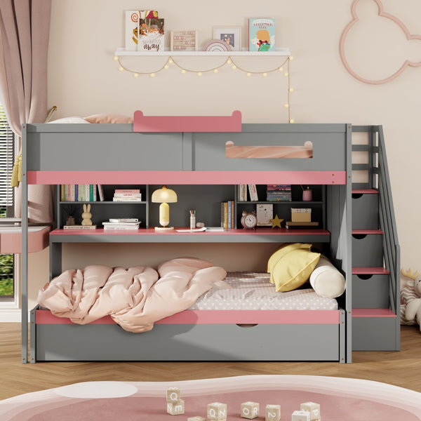 English Elm House-shaped Pine Bunk Bed with Built-in Slide Storage Staircase Twin Over Full Kids Frame Gray N820S00067E