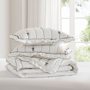 English Elm 3-piece Reversible Microfiber Quilt Set Bow Embroidery Ruffled Trim Romantic Bedroom White+Black B035P482885
