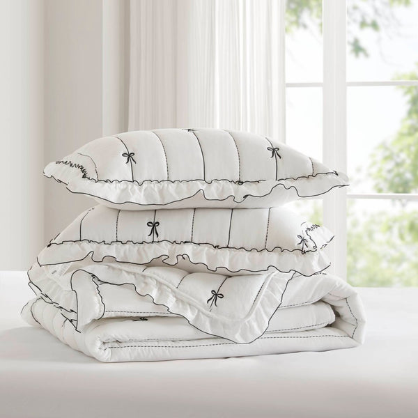 English Elm 3-piece Reversible Microfiber Quilt Set Bow Embroidery Ruffled Trim Romantic Bedroom White+Black B035P482885