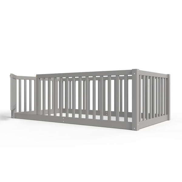English Elm Twin Floor Bed Pine Wood Frame with Guardrails and Door for Safe Toddler Sleep Gray W1580P418051