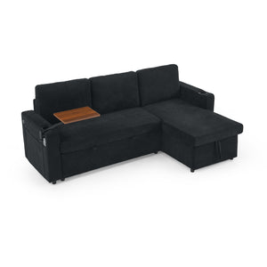 English Elm Modern Chenille Pull-Out Bed Sofa With Led Lights, Usb Ports, Cup Holders & Retractable Table, Black W1413S00098