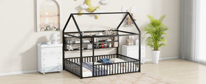 English Elm Full Metal House Bed Frame Full Size with Built-In Fence and 4 Grid Shelves for Durable Storage and Style Black N737P175361B