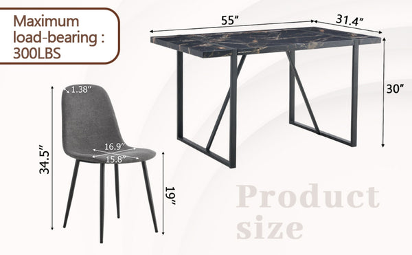 English Elm Table Modern Black Marble Dining Set With 4 Dark Gray Linen Chairs - Stylish, Stable, Easy Assembly W1151S03838-GIGA