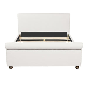 English Elm Queen Linen Upholstered Bed Frame Thick Rolled Headboard Solid Rubberwood Legs Bedroom White N757Q384827W