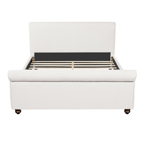 English Elm Queen Linen Upholstered Bed Frame Thick Rolled Headboard Solid Rubberwood Legs Bedroom White N757Q384827W