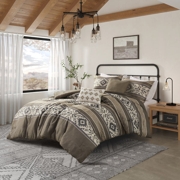 JLA Home Madison Park - 5 Southwestern Herringbone Comforter Set with Embroidered Throw Pillows, Hypoallergenic, Machine Washable 92 L x 104 W x 1.5H MP10-8465