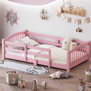 English Elm Twin Montessori Floor Bed Solid Pine Frame with Safety Guardrails for Kids Bedroom Pink N733P400298H