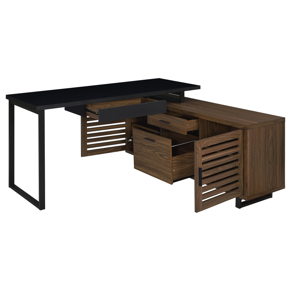 English Elm Rodger Black and Walnut L-Shape Computer Desk with Credenza, Slatted Doors, Drawers, Spacious Workstation B062P378334