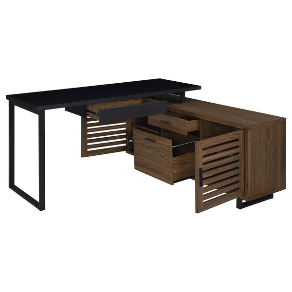 English Elm Rodger Black and Walnut L-Shape Computer Desk with Credenza, Slatted Doors, Drawers, Spacious Workstation B062P378334