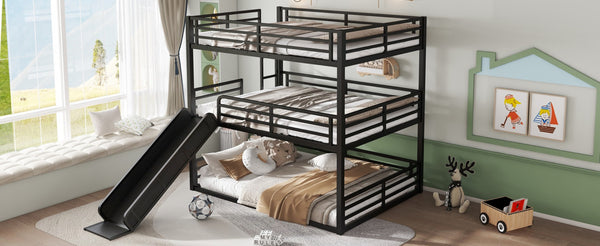 English Elm Queen Metal Triple Bunk Bed With Slide - Space-Saving, Heavy-Duty Design, Safety Guardrails In Black W1580S00172-GIGA