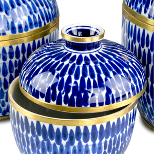 Plavan Artisan Jar Set of 3 – Hand-Painted Blue Ceramic with Brass Accents for Stylish Storage