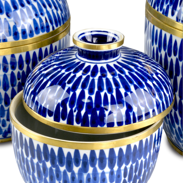 Plavan Artisan Jar Set of 3 – Hand-Painted Blue Ceramic with Brass Accents for Stylish Storage