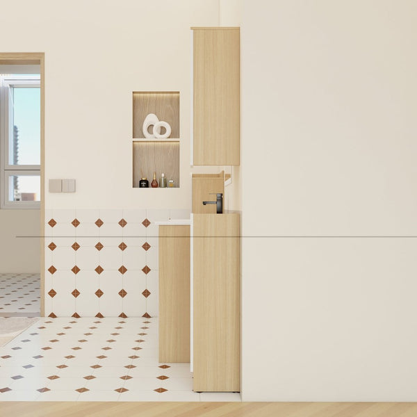 English Elm 4-piece Light Oak Bathroom Set with Ceramic Sink and Dual-tone Storage Cabinets W3450S00112