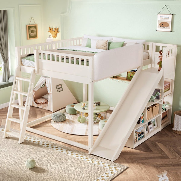 English Elm Queen Loft Bed with Upholstered Headboard Built-in Slide and Open Storage Shelves Beige W1580S00640