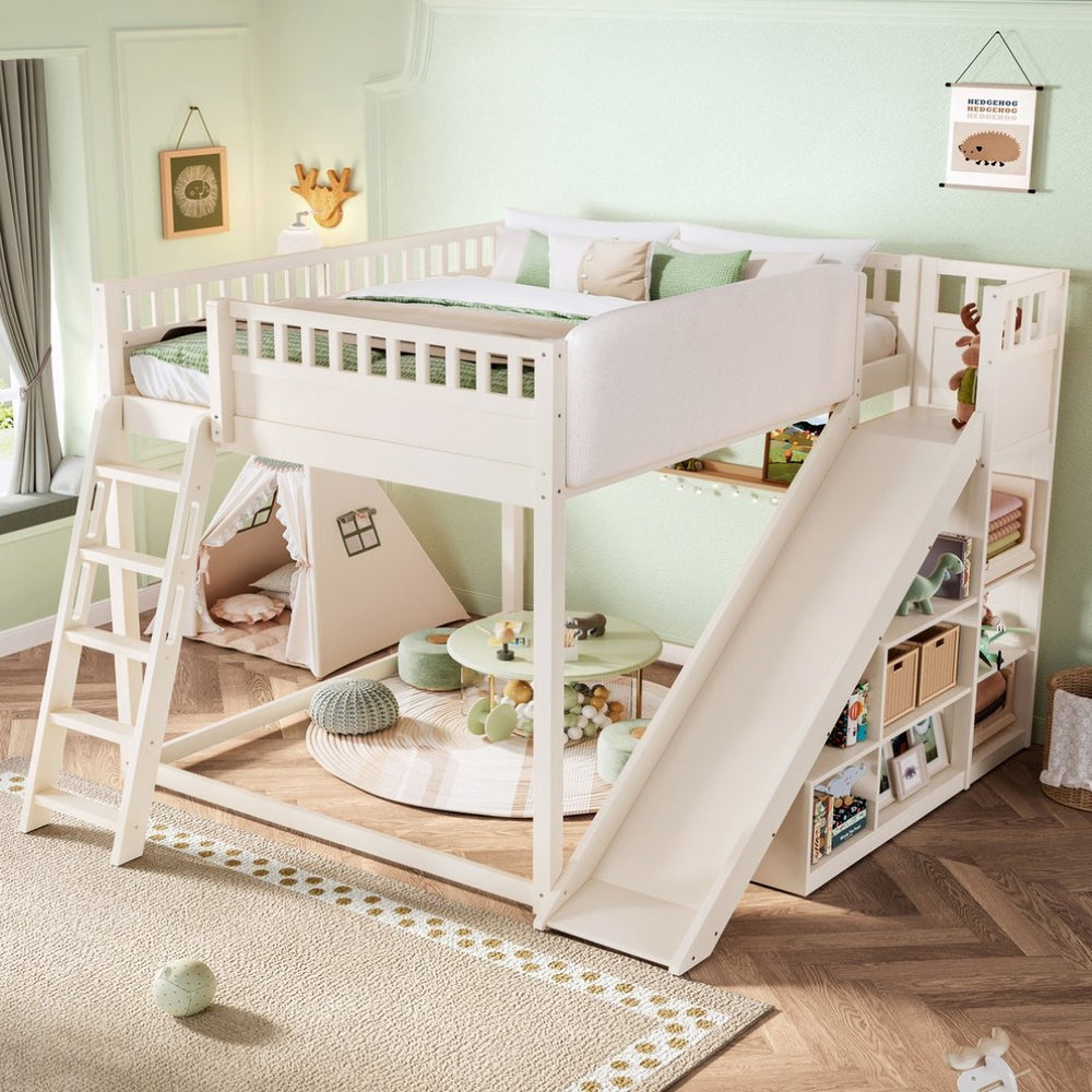 English Elm Queen Loft Bed with Upholstered Headboard Built-in Slide and Open Storage Shelves Beige W1580S00307
